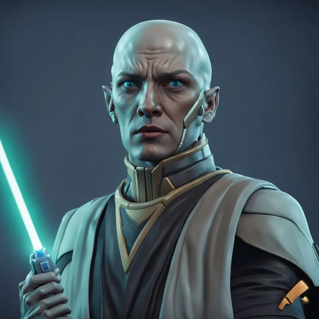 a bold and heroic bald male Corellian pilot in black and metallic grey First Order special forces gear meets a female Jedi Master in ancient, mystical temple, hyperdetailed, dynamic lighting, hyperdetailed background, 8k resolution, volumetric lighting, light skin, fully symmetric details