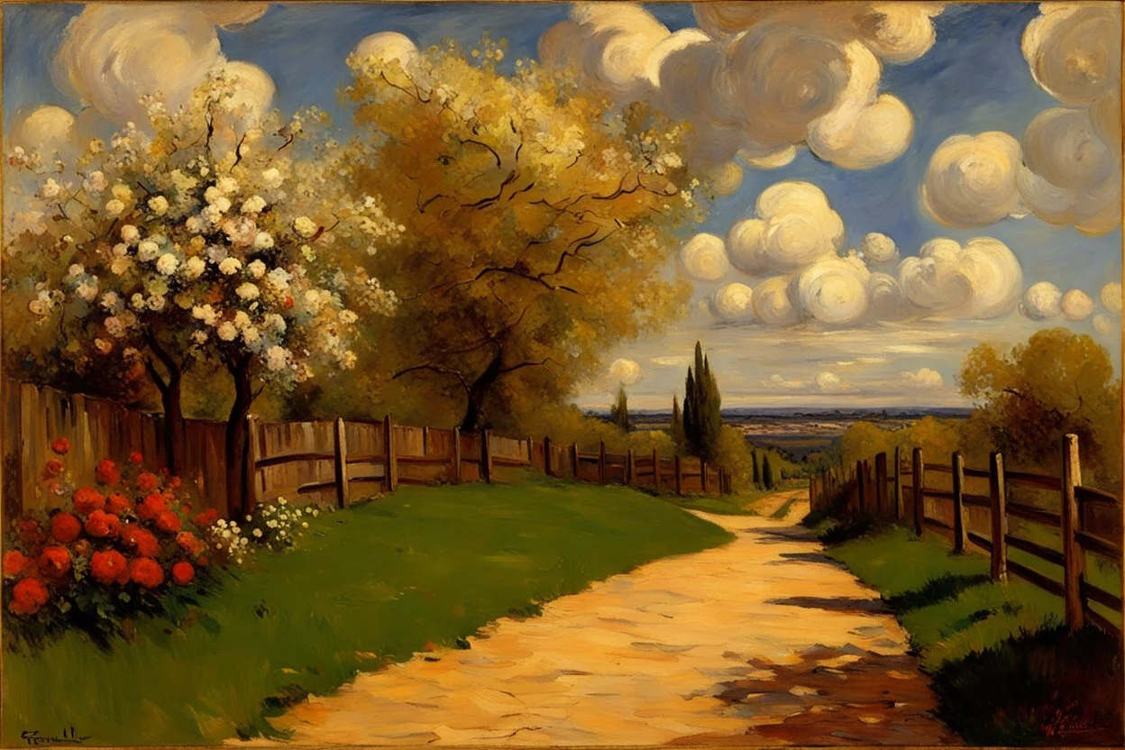 Clouds, spring trees, little pathway, fence, flowers, frederic bazille impressionisn painting