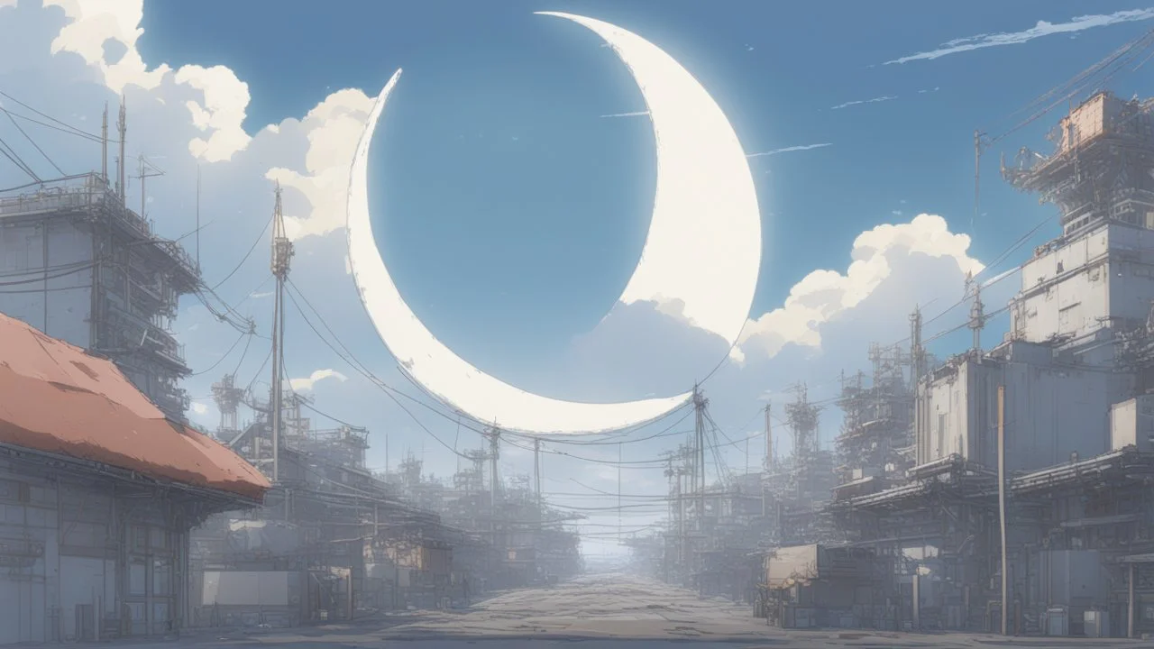 giant half transparent moon, glitchy, blurry, mechanical, sci-fi, maximum quality, centered on frame, far view, seasidel, white sky with cumulonimbus, anime, makoto shinkai style, japanese harbor, rusty, decrepit, foggy