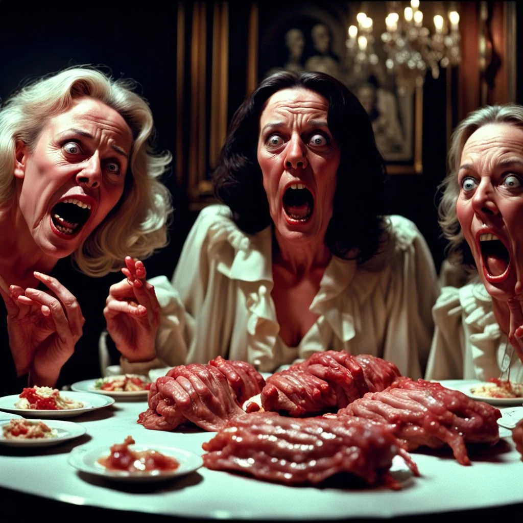 Spooky, ultra realistic distress, dining, ultra realistic hot woman, pieces of meat, silver organic palen ail dynamic, anguish, excited and lively scene, hypermaximalist figures, stb, Creepy the Ring Alfred Hitchcock, Sam Raimi, insanely detailed, sinister, John Carpenter, Dario Argento, ornate