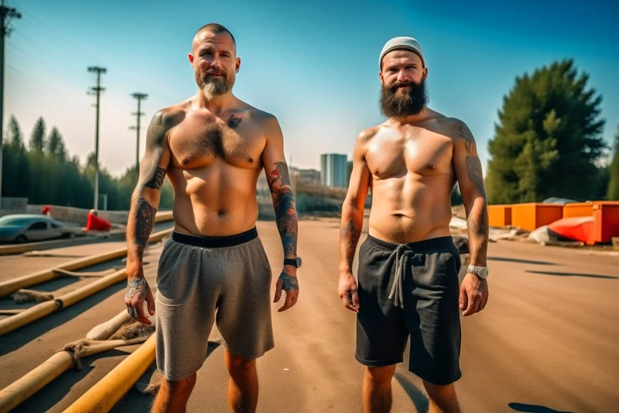 full figure shot photography of two ugly burly beefy hairy polish workers 29 years old, shirtless , tattoo ,short hair, short beard , bulge, short pants, working on a construction site in the middle of a road under the sun, look at the camera, hyper-realistic, photographic, 8K