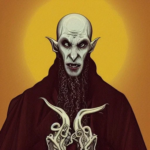 Nosferatu vampire with a beard made of tentacles as a Russian Orthodox vampire with yellow eyes and vampire fangs