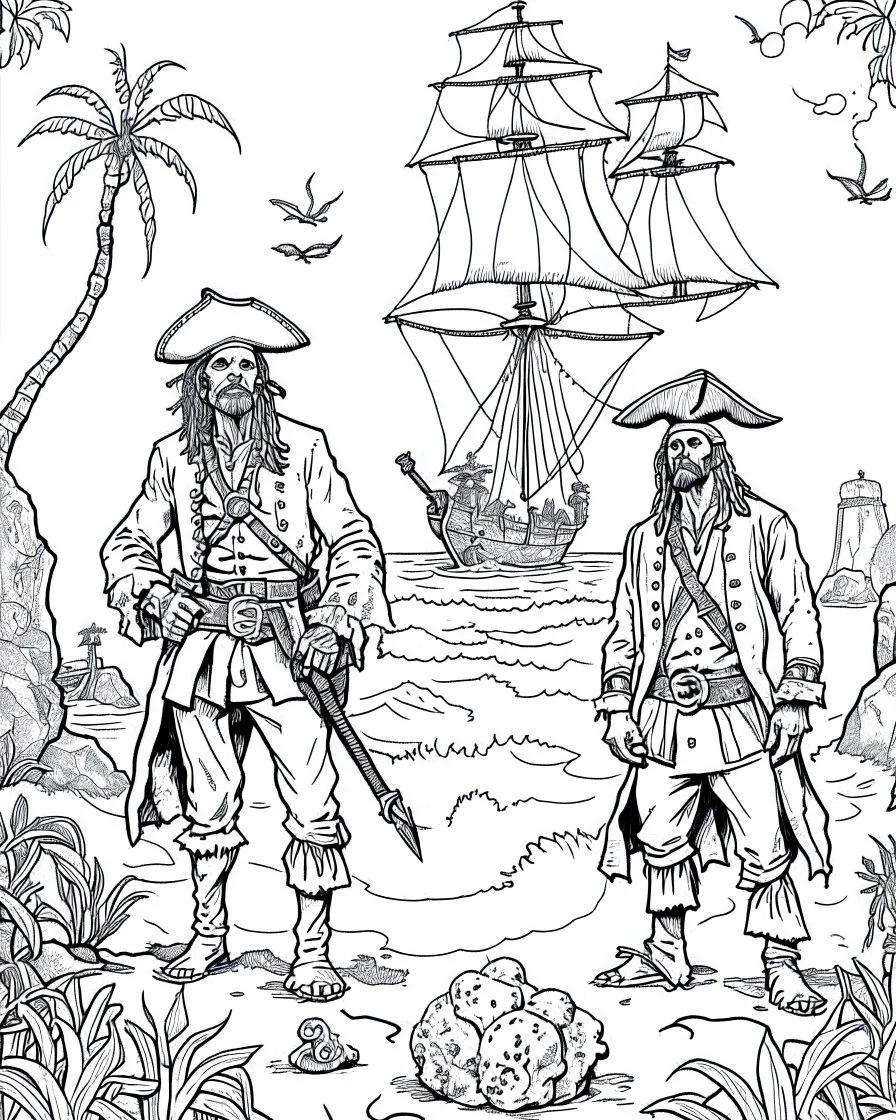 Pirates of the Caribbean: Ghostly Pirates Coloring Adventure: Design a spine-chilling coloring page inspired by the Pirates of the Caribbean movie, showcasing ghostly pirates haunting a deserted island. Let young artists explore their imagination as they add eerie details to the tattered clothing, glowing eyes, and ghostly apparitions. This coloring page provides a thrilling and chilling experience for kids to bring the haunting scene to life in black and white.