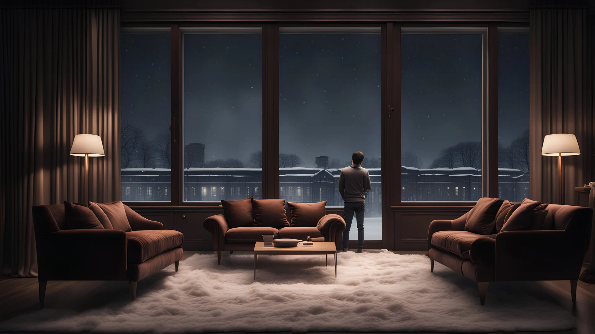 a young man help other Hyper Realistic Dark Brown Living Room With Small Empty Wooden Frame & Fancy Velvet Furniture at snowfall night from window view