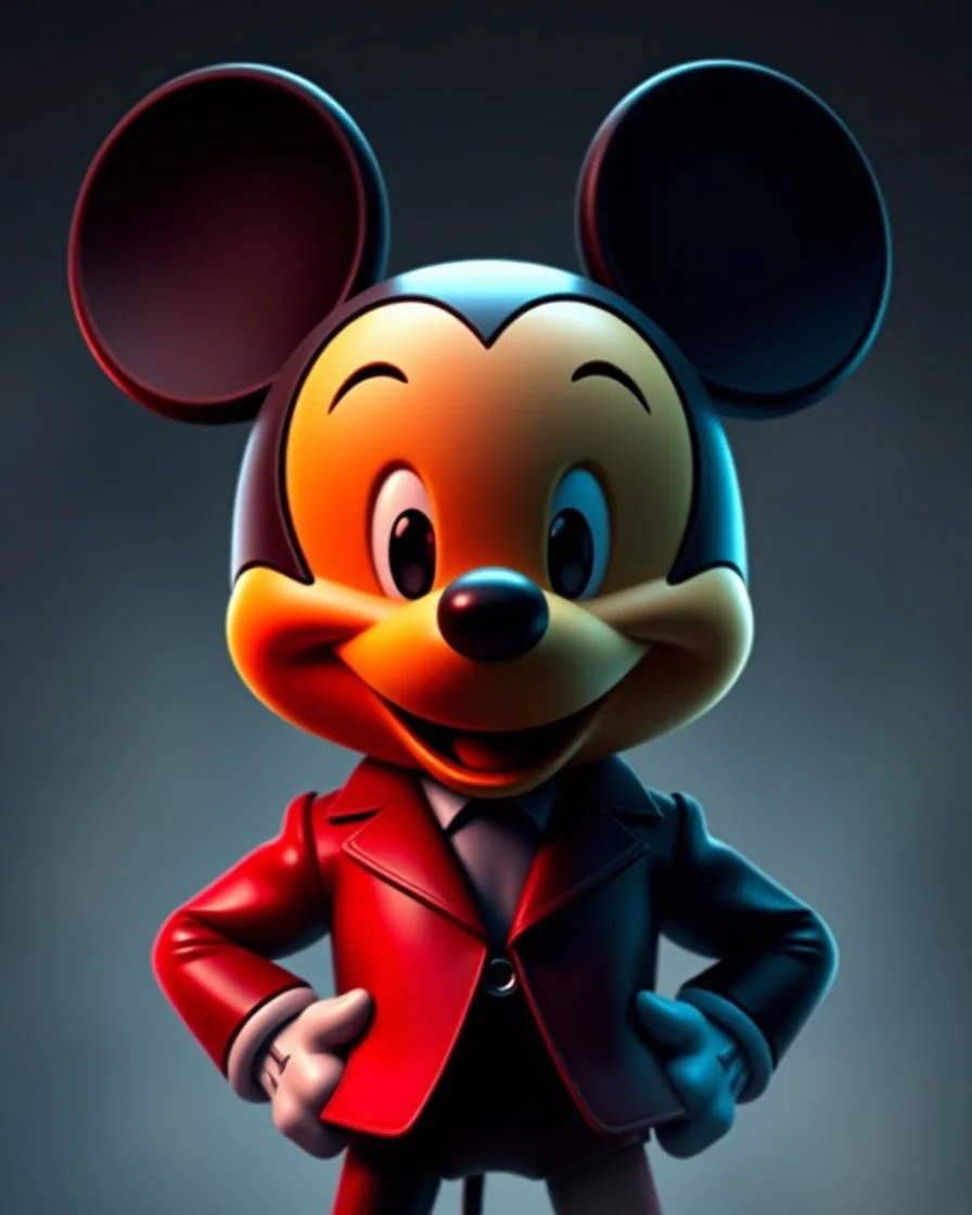 digital darkly co featuring an anthropomorphic character resembling Mickey centered in the frame and facing forward. The character has a classic Mickey Mouse head with large, round black ears, a smooth black face with a vibrant orange-yellow cheek, large shiny white eyes with black pupils, and a prominent black nose. The character's expression is a friendly smile, but the overall mood is dark and intense. It wears a sleek, glossy crimson red suit jacket with two visible buttons, a well-fitted br