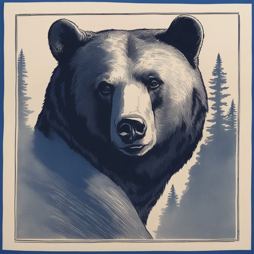 sideview of bear head, 70s comics style, block print with indigo ink on creamy paper texture, strong contrast