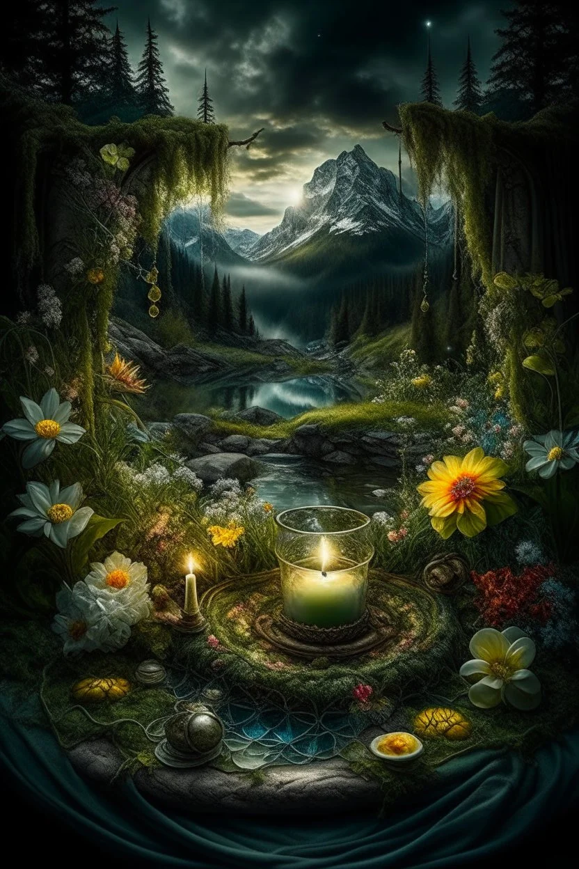 Hyperrealism against the background of a spring landscape in the forest +mirror with a tsunami whirlpool +mountains +ritual +candles+dried flowers+wildflowers+moss++decoupage of flowers+embroidery technique+braided beads+vine+moonlit night,fabulous landscape,surrealism,realism,naturalism,dot technique,microdetalization,high detail objects,digital illustration,volumetric clarity,dark fantasy,dark botanical, professional photo