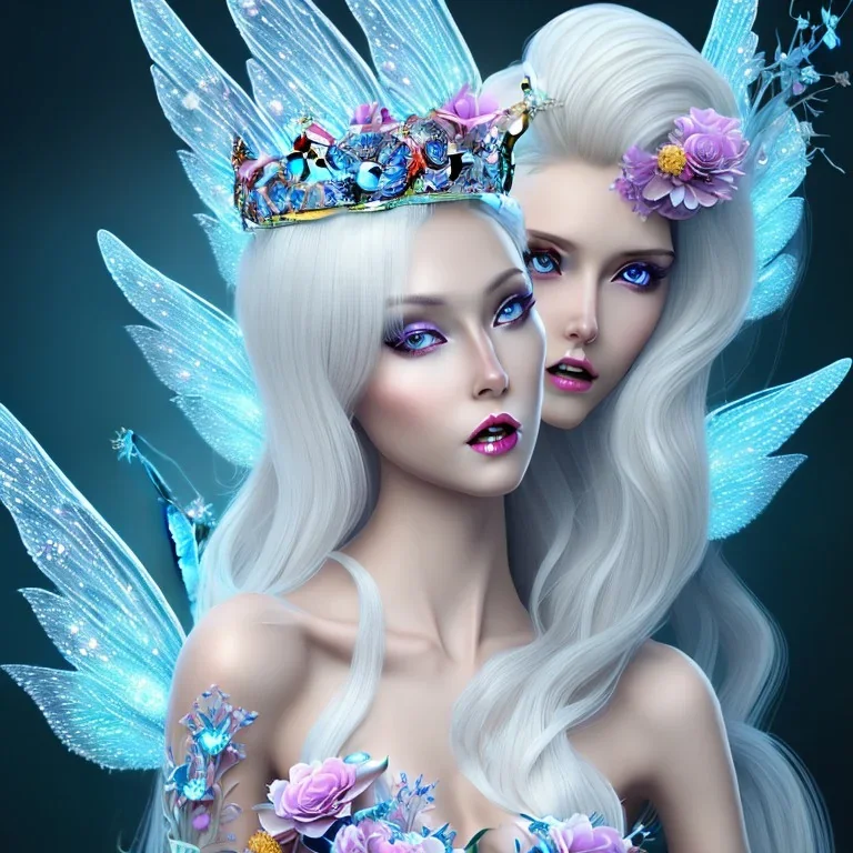 Fantasy fairy with transparent wings, smiling, make up, long platinum blond hair with crown and flowers, blue dress, flower background