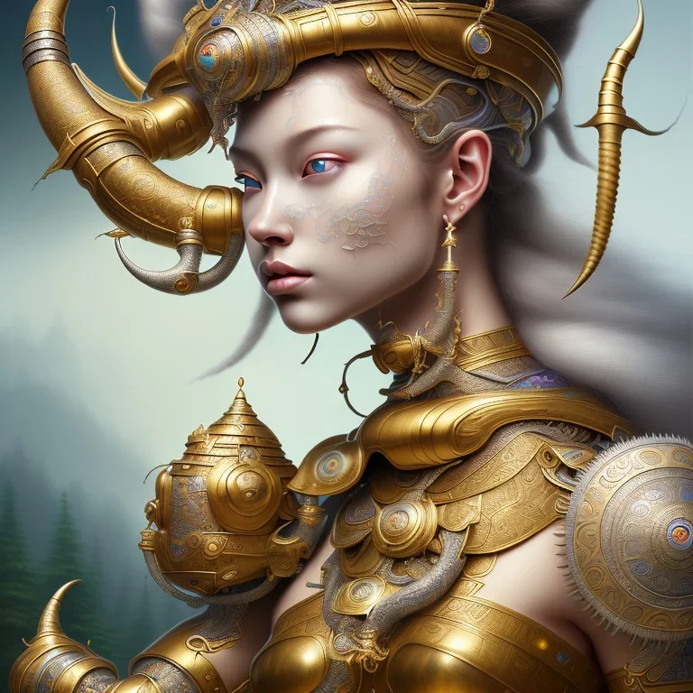 Sango fantasy, fantasy magic, intricate, sharp focus, illustration, highly detailed, digital painting, concept art, matte, art germ and Paul Lewin and Kehinde Wiley, masterpiece silver elephant head bronze Buddha Asian African girl nice breast Hawaiian hair turquoise golden waves