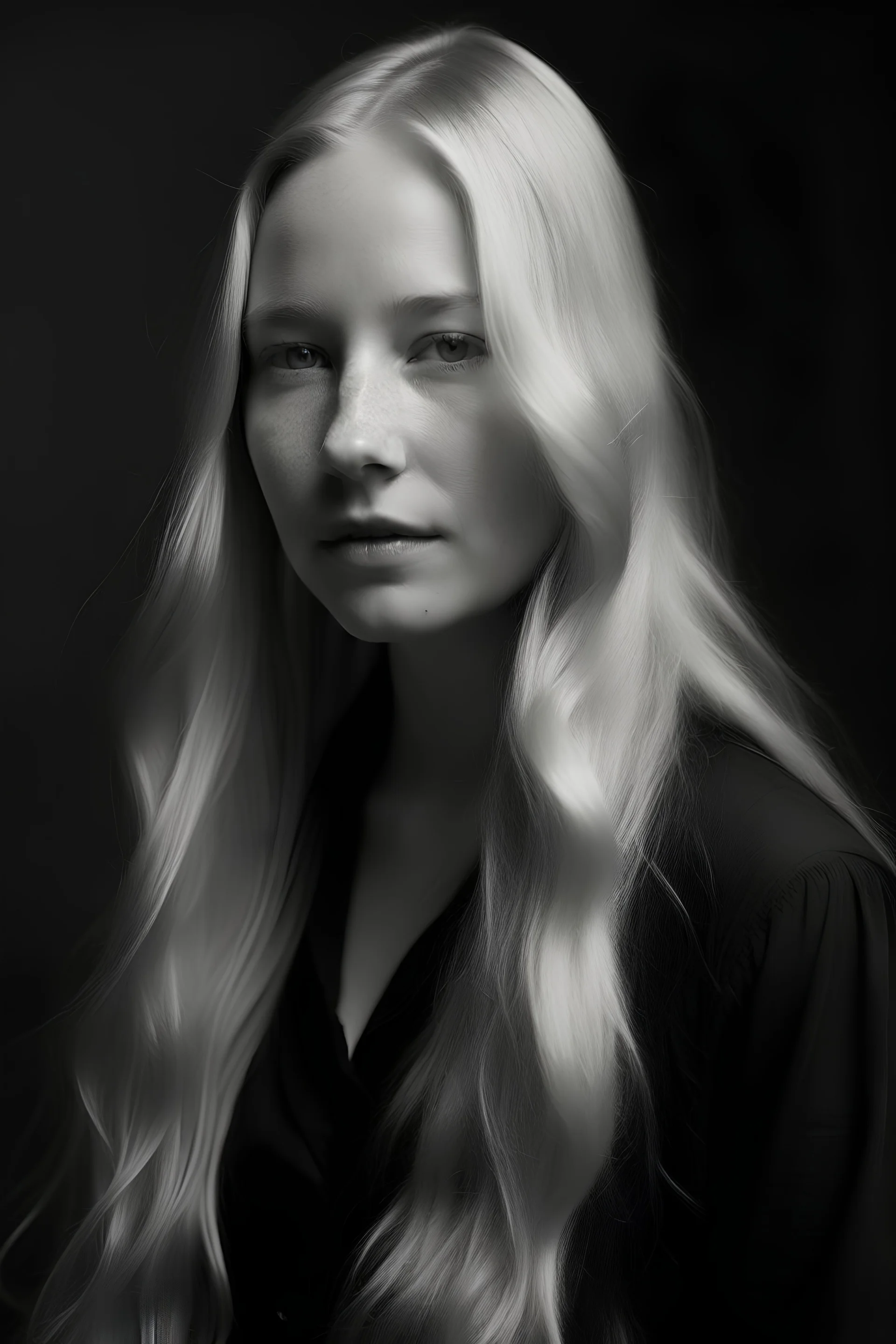 Portrait of a human woman, long blonde hair, dressed in black and white, pale,