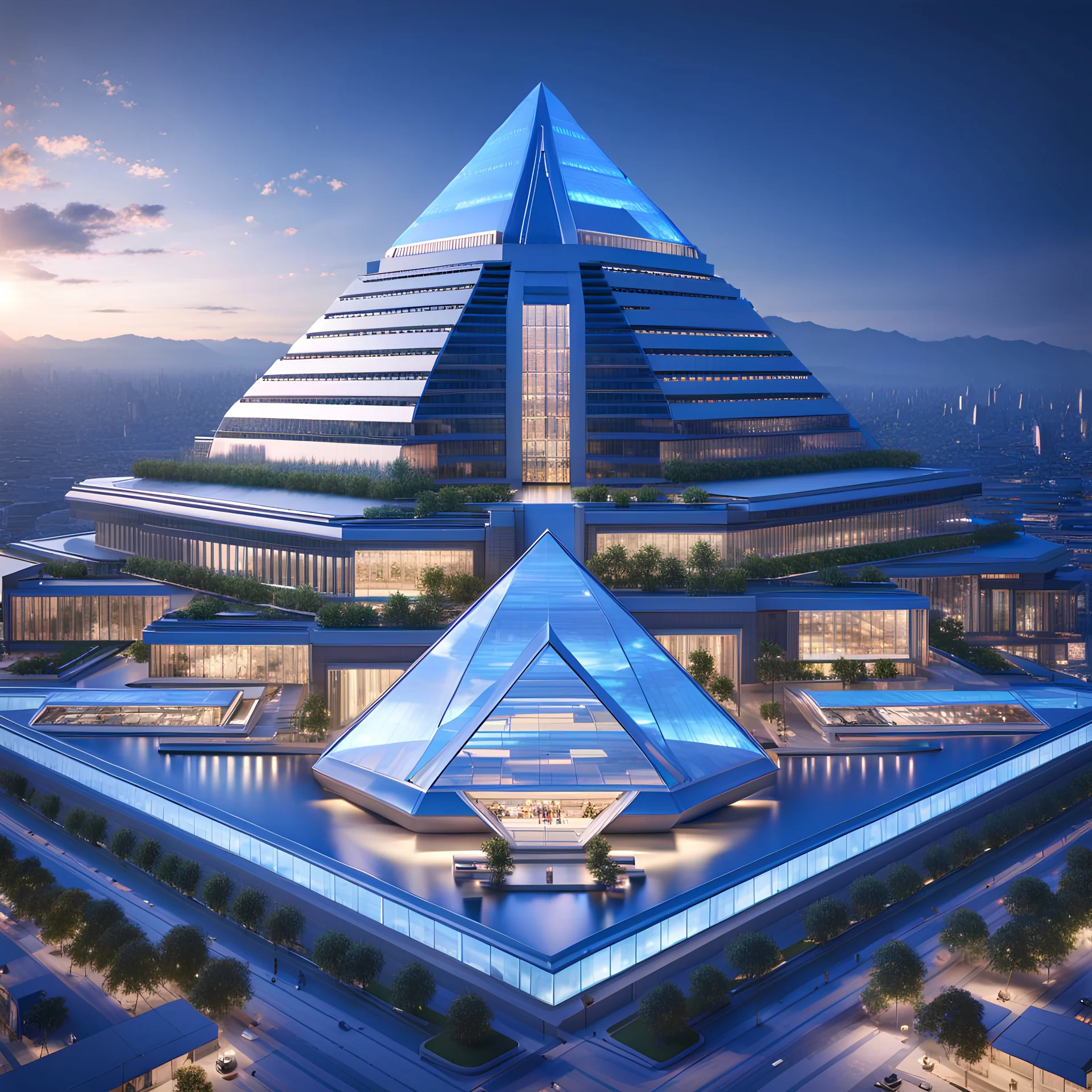 city in 2100, a large blue iridescent pyramid building dominating the city :: 8K, 3D, Octane Render, VRay, Unreal Engine 5, Hyperdetailed, intricate, HDR, extremely realistic evolution of future architecture, photorealism, colourful, blue sky over a clean environment, award winning, crisp quality, masterpiece, fantastic view, digital art, airbrush art, ink drawing, sharp focus, high contrast, depth of field