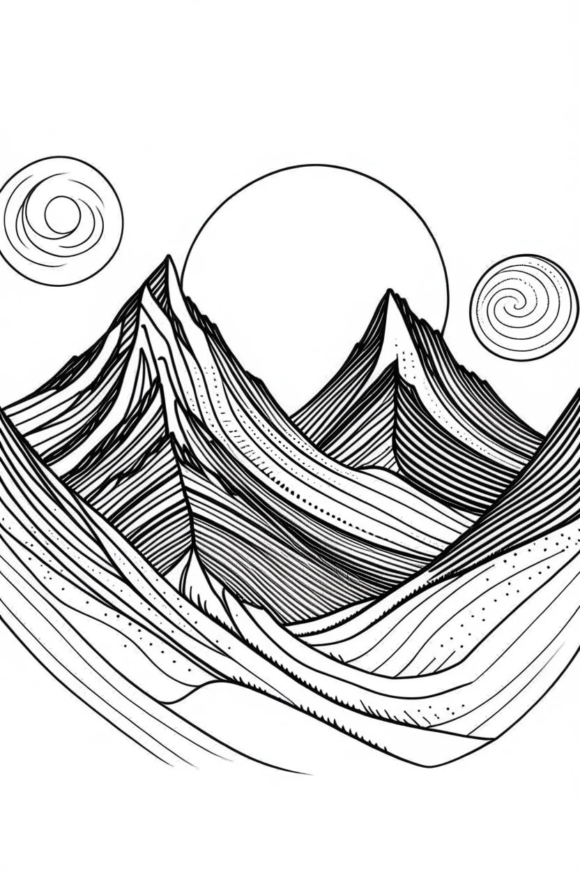 minimalist moutains with moon idea, line art, background, vector, svg, black outline on white background, leave plenty of white space beetween lines for coloring, tattoo style, tattoo idea,full body, minimalist