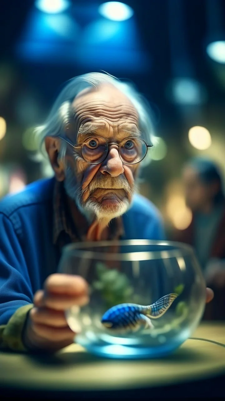 portrait of confused old man holding a glass bowl in glass nursery having grown beaks and claws, bokeh like f/0.8, tilt-shift lens 8k, high detail, smooth render, down-light, unreal engine, prize winning