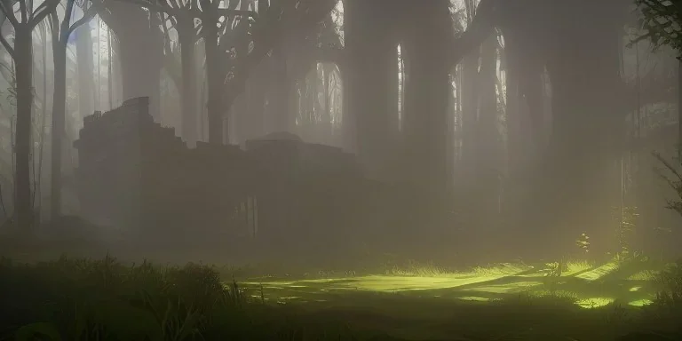 Ruined overgrown castle in a misty forest, light rays, dynamic lighting