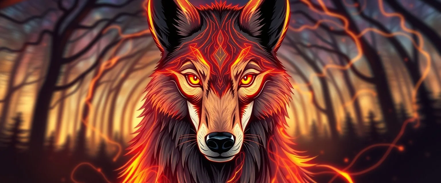 airbrush and pen outline, magic man and cartoon with background as motion blurred forest twisted like a zoomed tunnel, staring blink wolf close up portrait of a plasma racoon fox horse king lama shape shifter flickers like hypnotic fire in geometric shapes like a dna swirl of time and a fearsome planeswalker covered in powerful runes