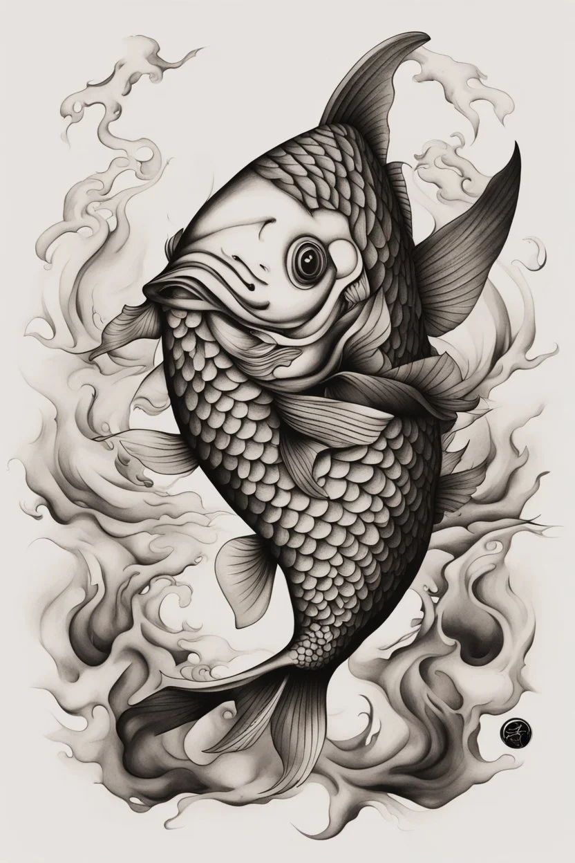 Create a captivating modern 2d ink tattoo design for print , prestigious Sacred Carp using the elegant influences of japan art style, for print, dynamic elements from fashion and design, and bold Japanese contemporary art aesthetics, framing centered in the center, distanced from the edges of the paper perimeter, perfect anatomy, bauhaus, Divine Proportion,