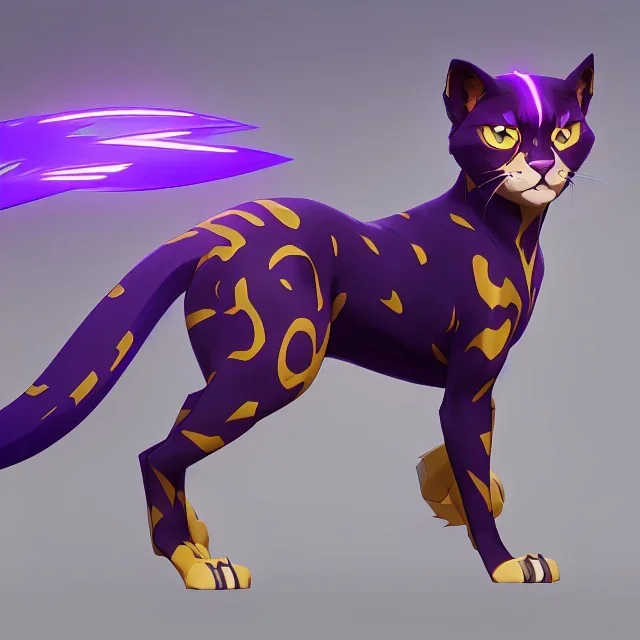 An electric type, Cheetah inspired cat-like pokemon, with big width purple eyes. long whiskers shaped like Lightning bolts. Yellow and white fur coverd with blotchy black spots.