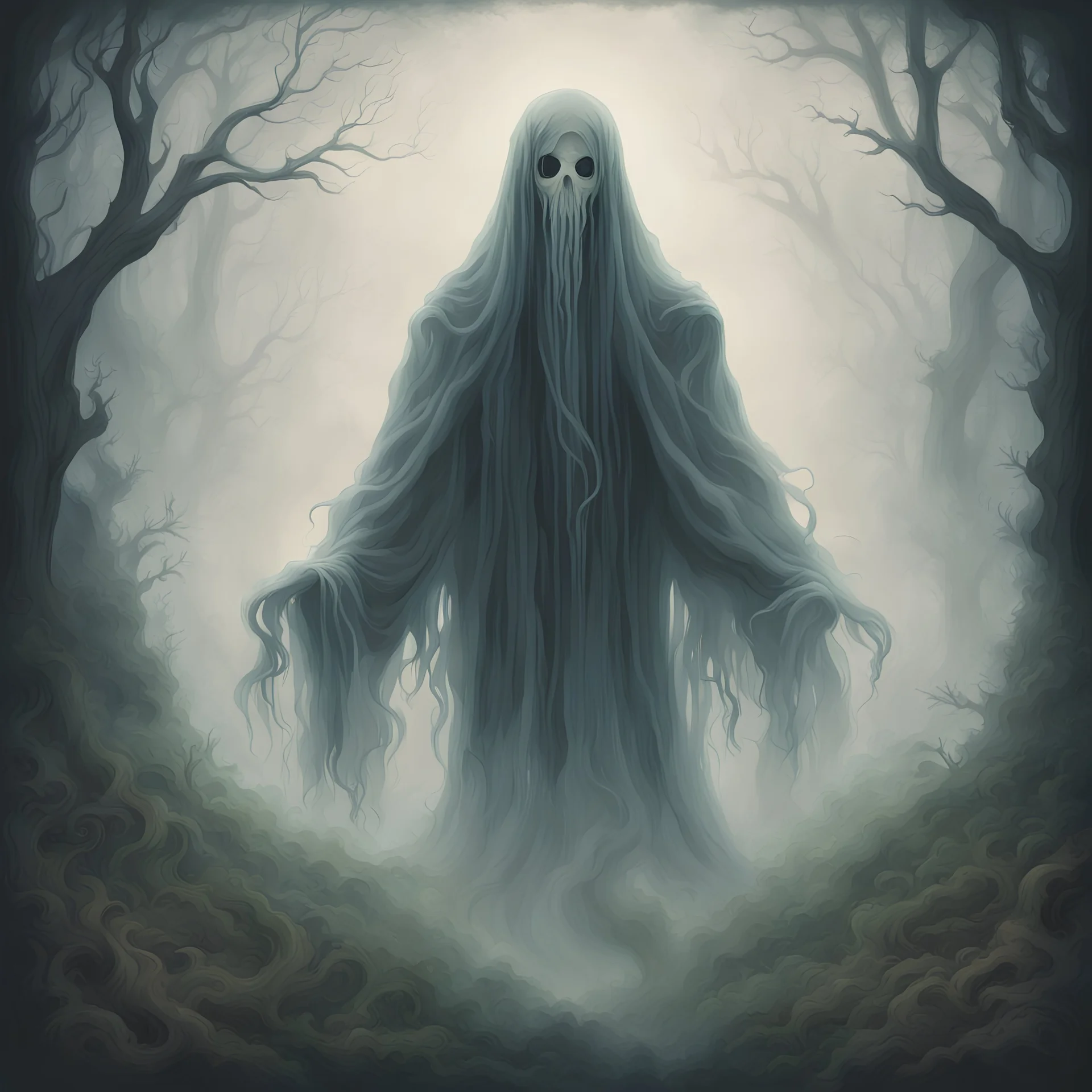 A ghostly apparition that emerges from the fog, causing deep chills in verdure tapestry art style