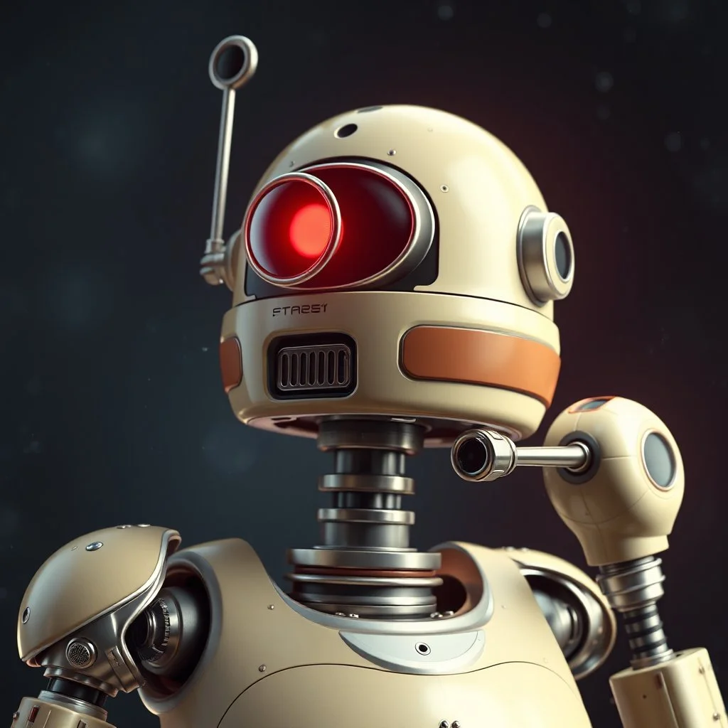 a retro-futuristic droid, space age, star wars, digital art, 3d render