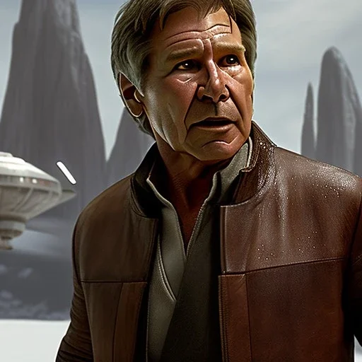 8K space background with stunning photo realistic detailed head to waist portrait of harrison ford as han solo in star wars with photo realistic short hair by Sam Spratt, Yi Fan, Houston Sharp, Matija Obrovac, Sharp focus, brown eyes, weathered skin,space jacket from star wars, octane render, intricate