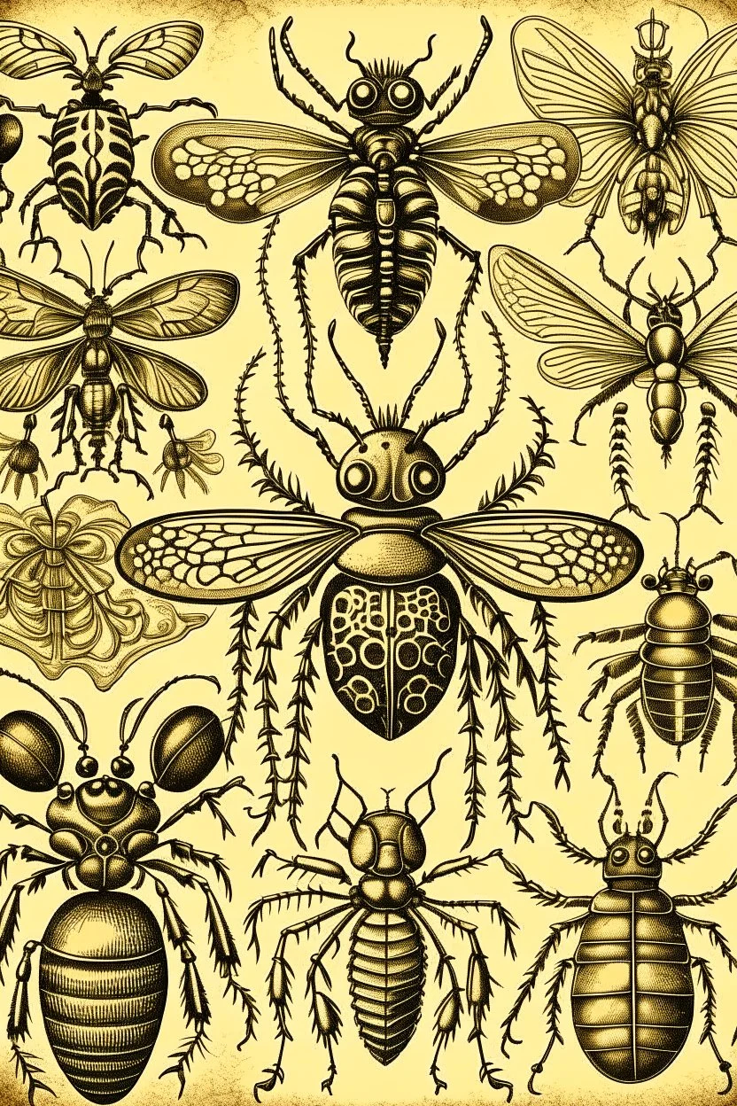 vintage, gothic, steampunk drawings of insects, sepia toned