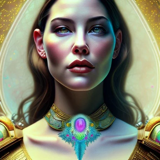 Epic Drawing of a Photorealistic dramatic hyperrealistic Liv Tyler,Crystal green eyes , elegant, with emerarld necklace, by WLOP, Artgerm ,Greg Rutkowski, Alphonse Mucha, Sandro Boticcelli, Gustav Klimt ,Beautiful ,busty, dynamic,shadows,Artstation,concept design art,Octane render,8K