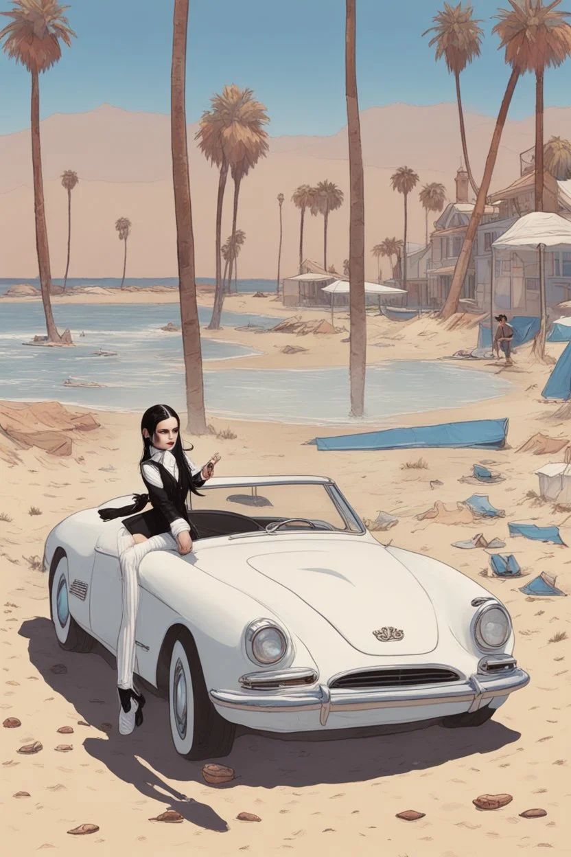 Wednesday Addams on the beach in California [Versace]