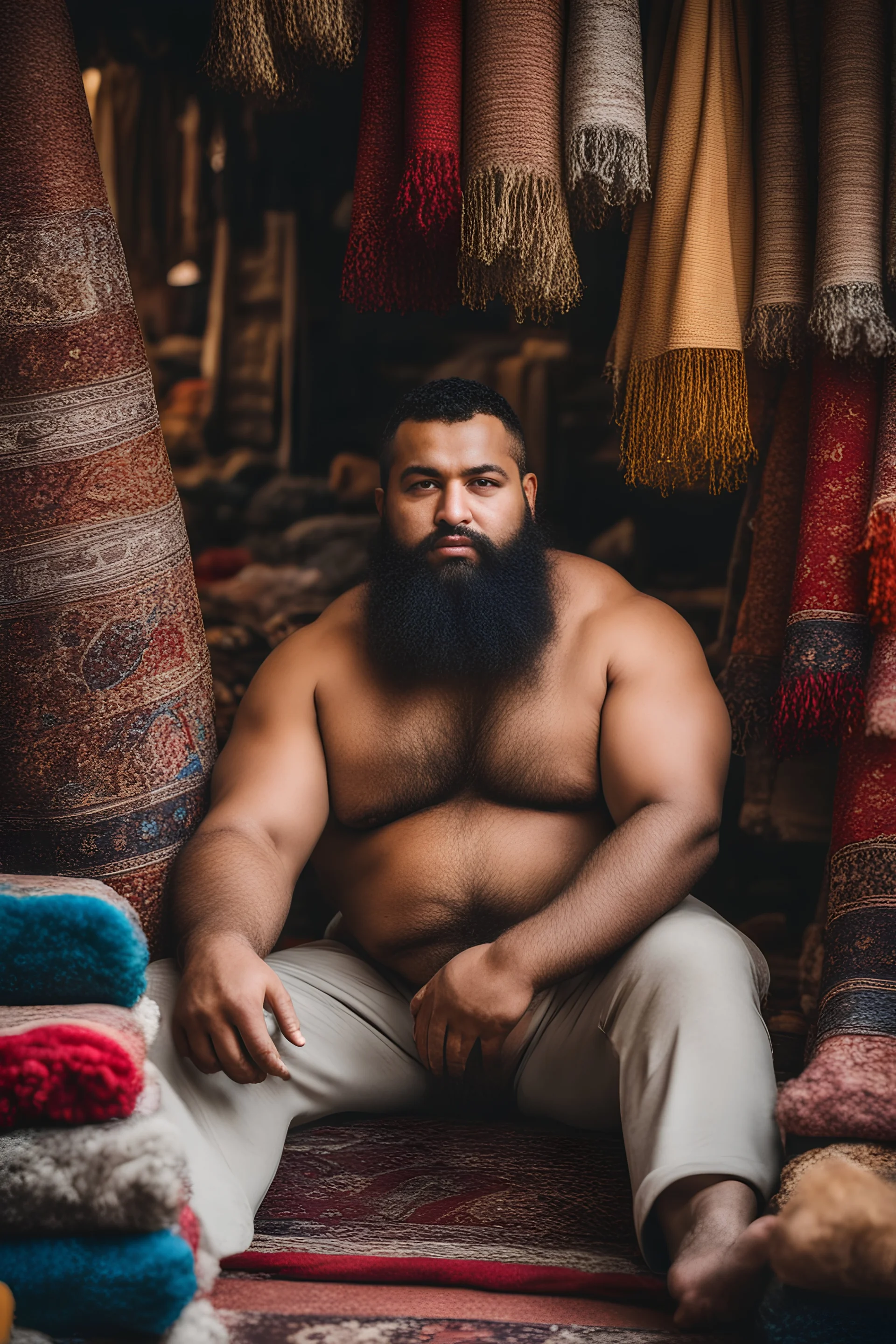 close up photography of a burly chubby muscular strong 24-year-old marocan man in Istanbul bazaar, shirtless, long beard, selling carpets sitting on a pile of carpets, big shoulders, manly chest, very hairy, side light, view from the ground