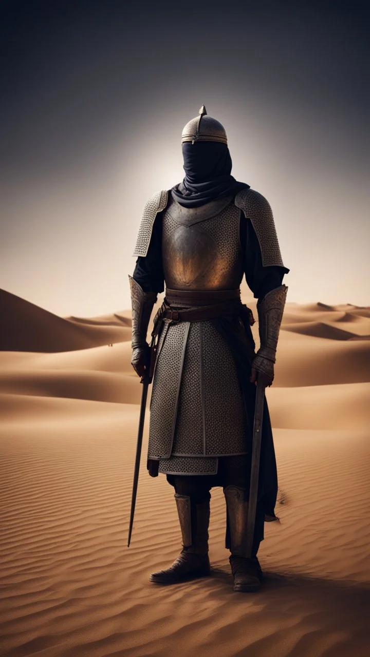 Make me a picture of a Muslim knight, standing in a desert, make the picture in the dark, with his back to the screen.