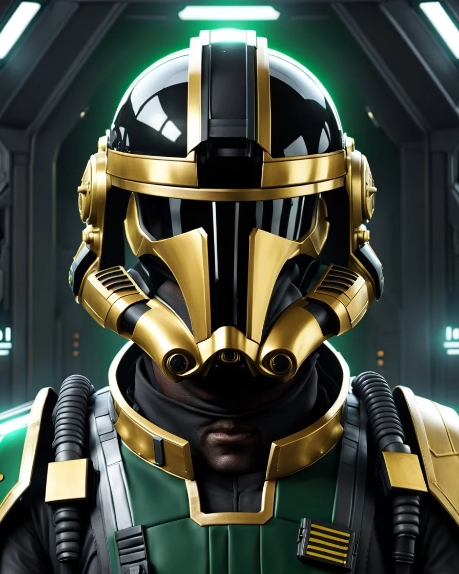 star wars bald male corellian pilot wearing black and bright gasoline green First Order special forces TIE pilot commando armored flightsuit and helmet with gold trim inside the jedi temple, centered head and shoulders portrait, hyperdetailed, dynamic lighting, hyperdetailed background, 8k resolution, volumetric lighting, light skin, fully symmetric details