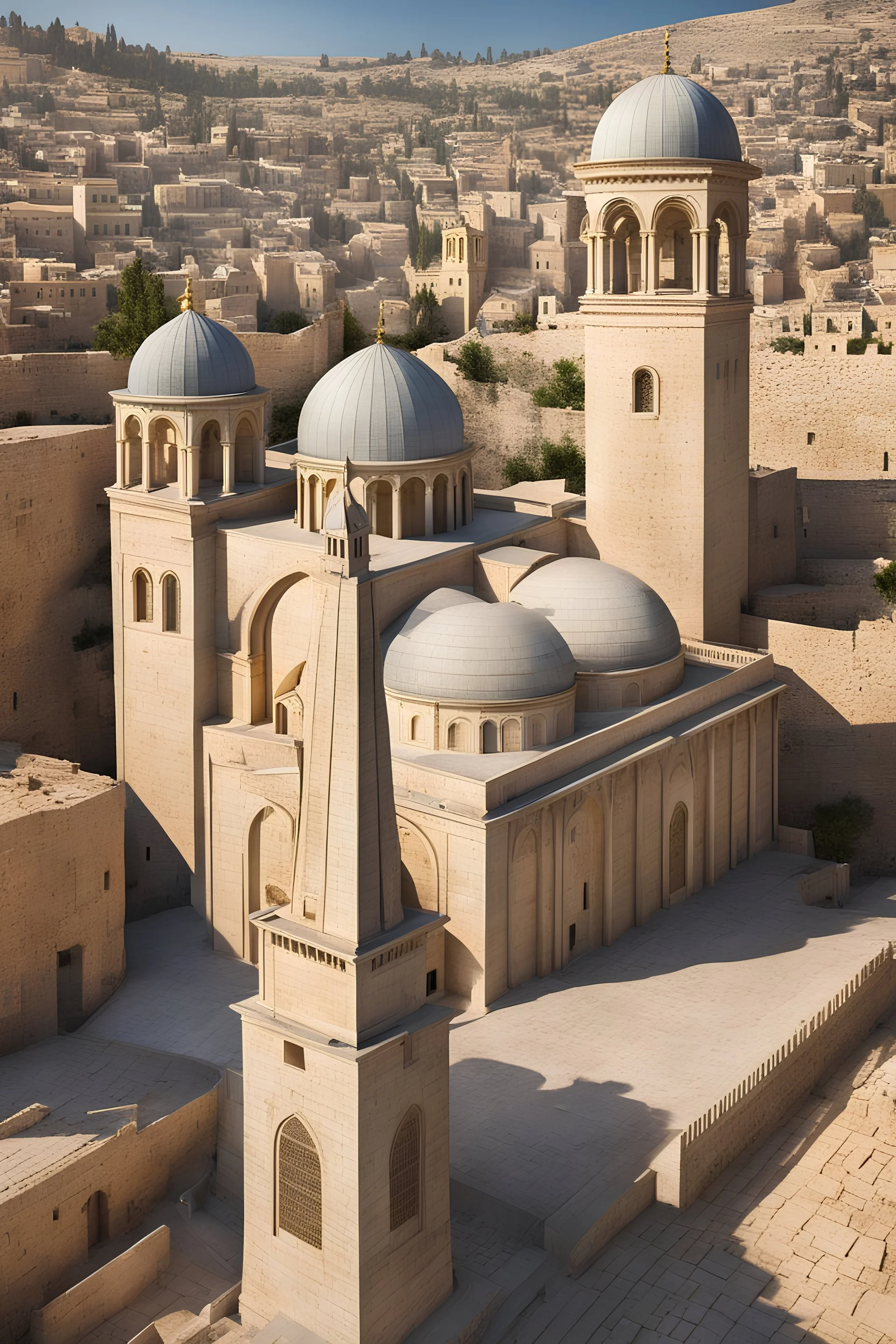 A picture of a city like ancient Jerusalem with a huge church on the temple mountain, hyper realistic and hyper detailed, stunning composition, hyper emotional, epic cinematic lighting,