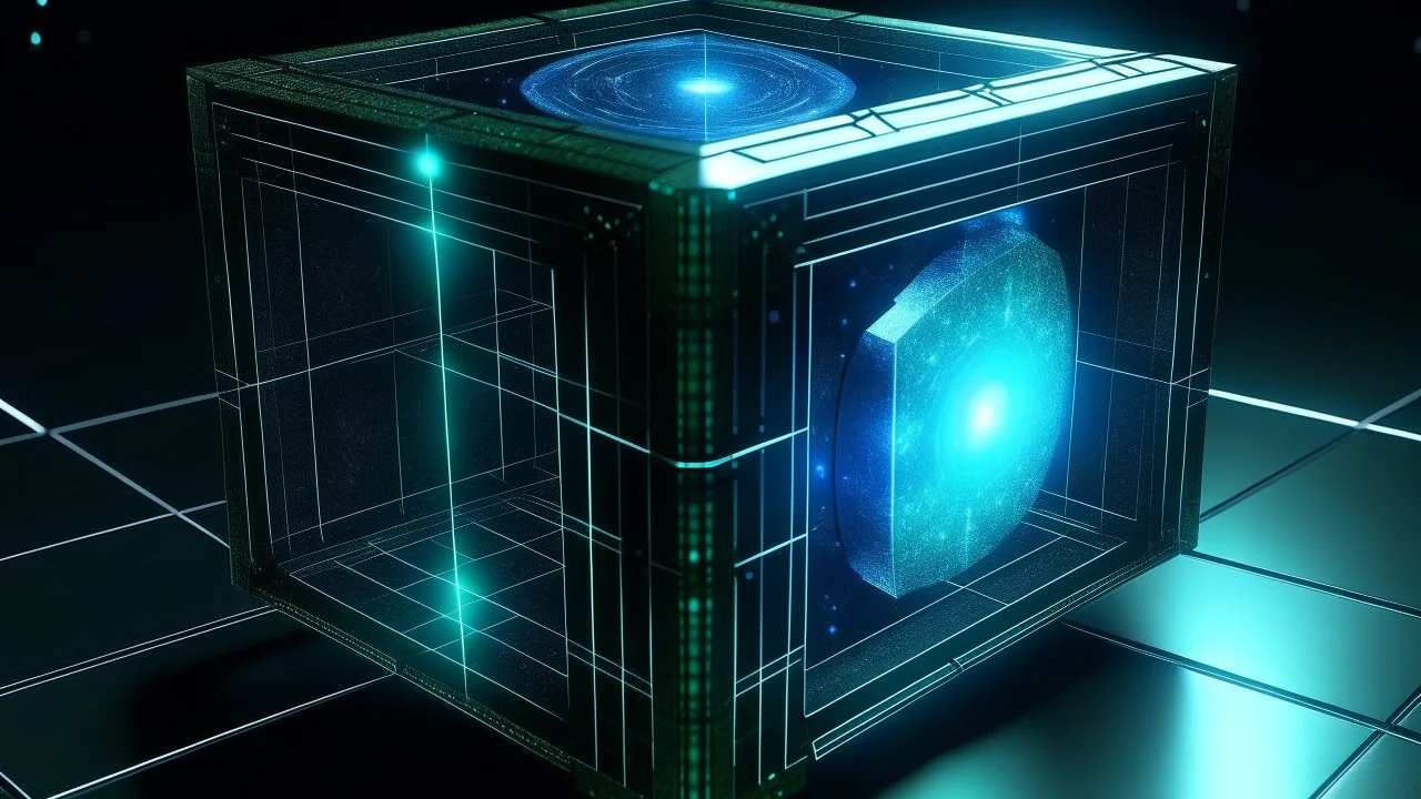 Cube tesseract from movie Loki. Located strictly in the middle of picture with space around it and with navy blue/green glow inside tesseract. Without surface/table on which it stay. Will be used for 404 error page.