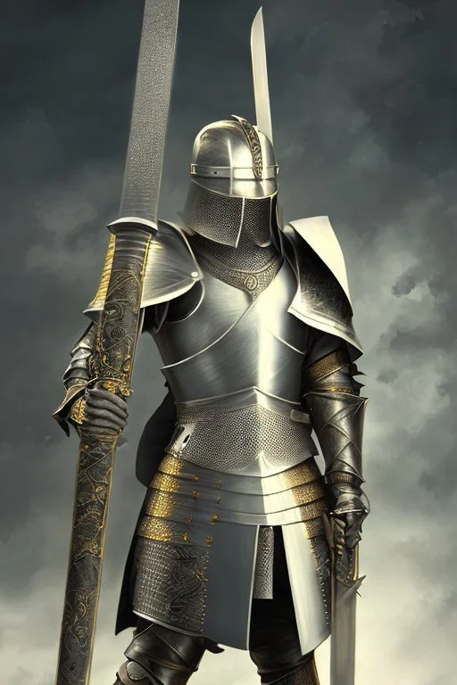 A handsome 30 year old knight, black hair, male bob haircut, in black-and-gold plate armor, golden katana in both hands, no beard, european