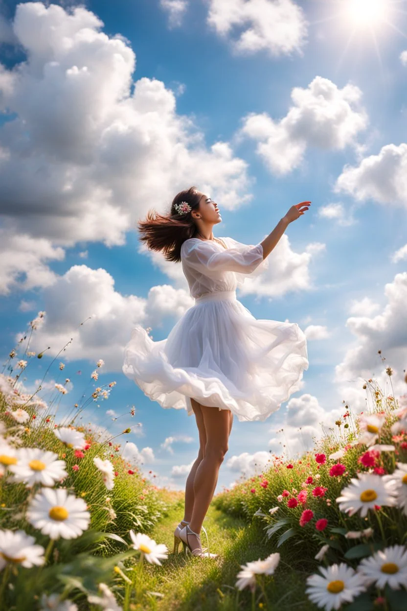 romantic environment heaven flowers clear nice clouds ,young girl gracefully dancing and whispering her lovely joy,full body shot,sharp focus, realistic.