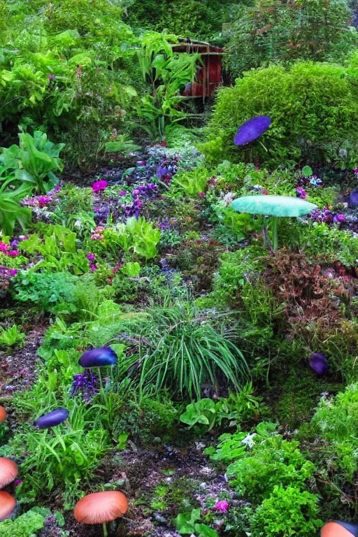 psychadelic garden, during a gentle rain, with mushrooms