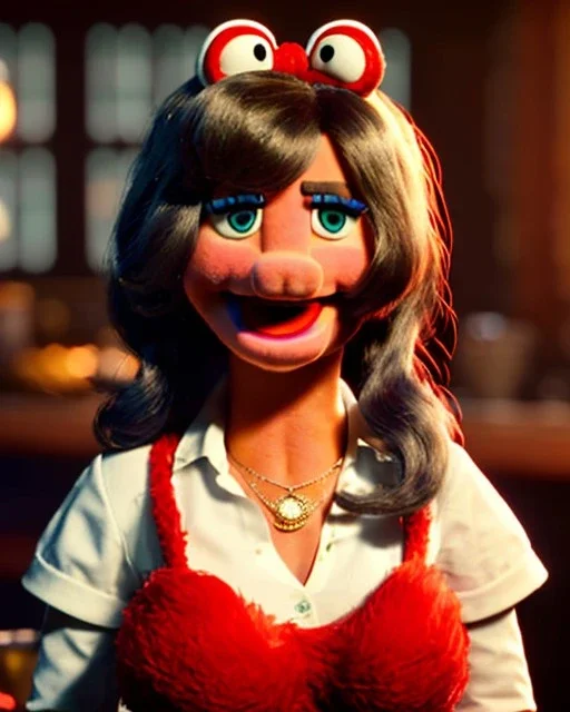 waitress woman with muppet mask that covers her entire head, retro style, Sesame Street style, smooth, unreal engine 5, god lights, ray tracing, RTX, lumen lighting, ultra detail, volumetric lighting, 3d.