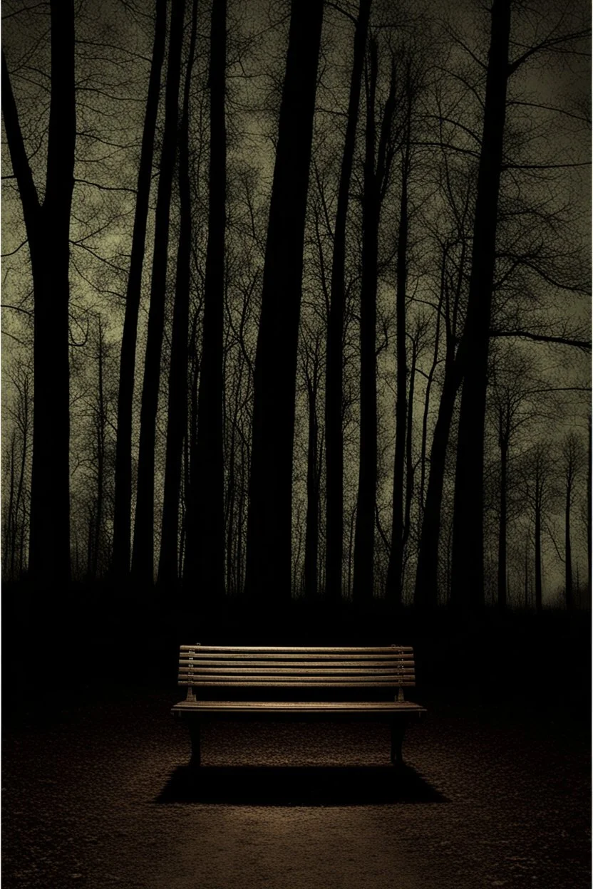 Night, square bench, dirt roads, trees, gothic horror films influence, creepy, photography