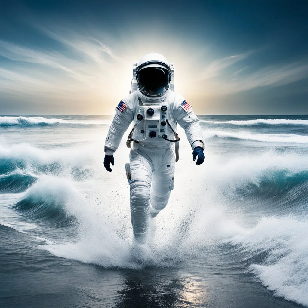 Return from the Cosmos is a striking image of an astronaut emerging from the ocean waves, symbolising the link between space exploration and our blue planet. Dressed in his white spacesuit, the astronaut strides resolutely towards the beach, the water splashing around him in a dynamic and realistic scene. The contrast between the infinity of space and the immensity of the ocean evokes both adventure and reflection on our place in the universe. This captivating scene, bathed in natural light, hig