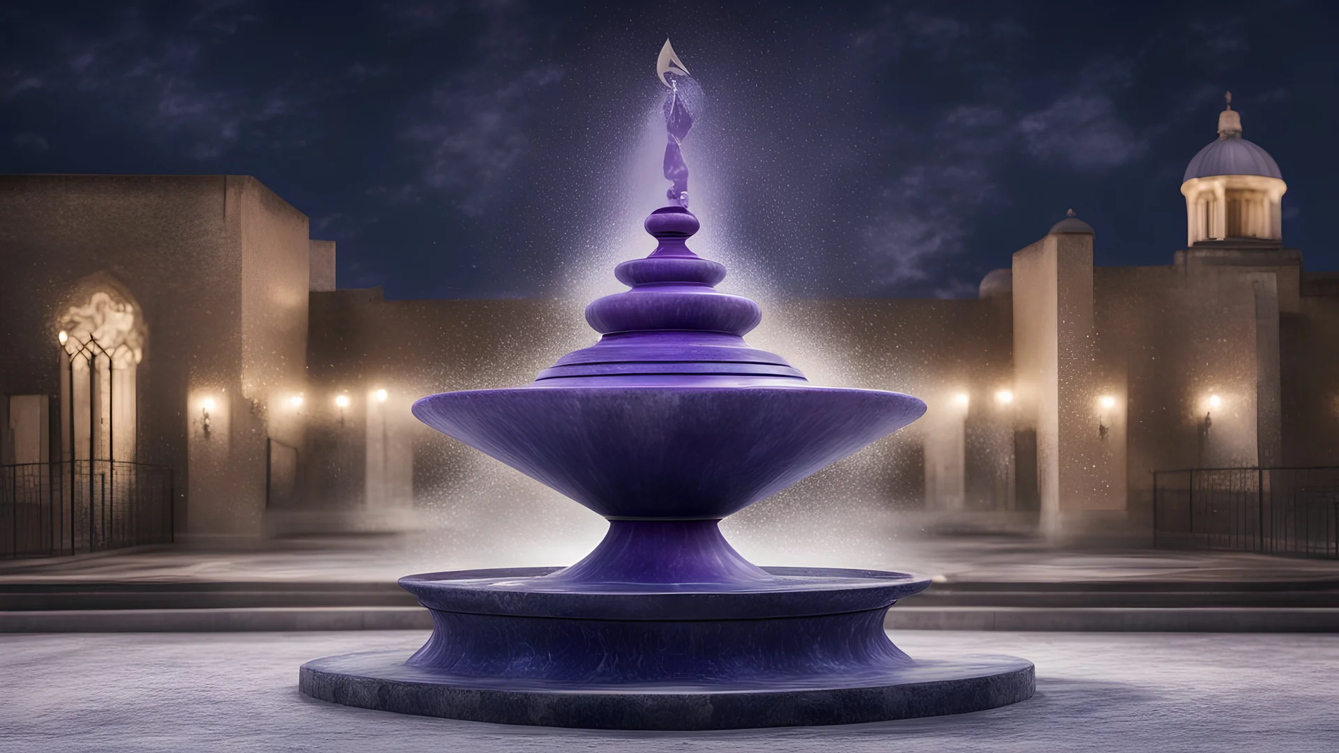 Hyper Realistic Sufi Whirling with Purple & White Islamic Sufi Rustic Grungy outside a navy-blue-marble-fences with a beautiful water fountain at dark night