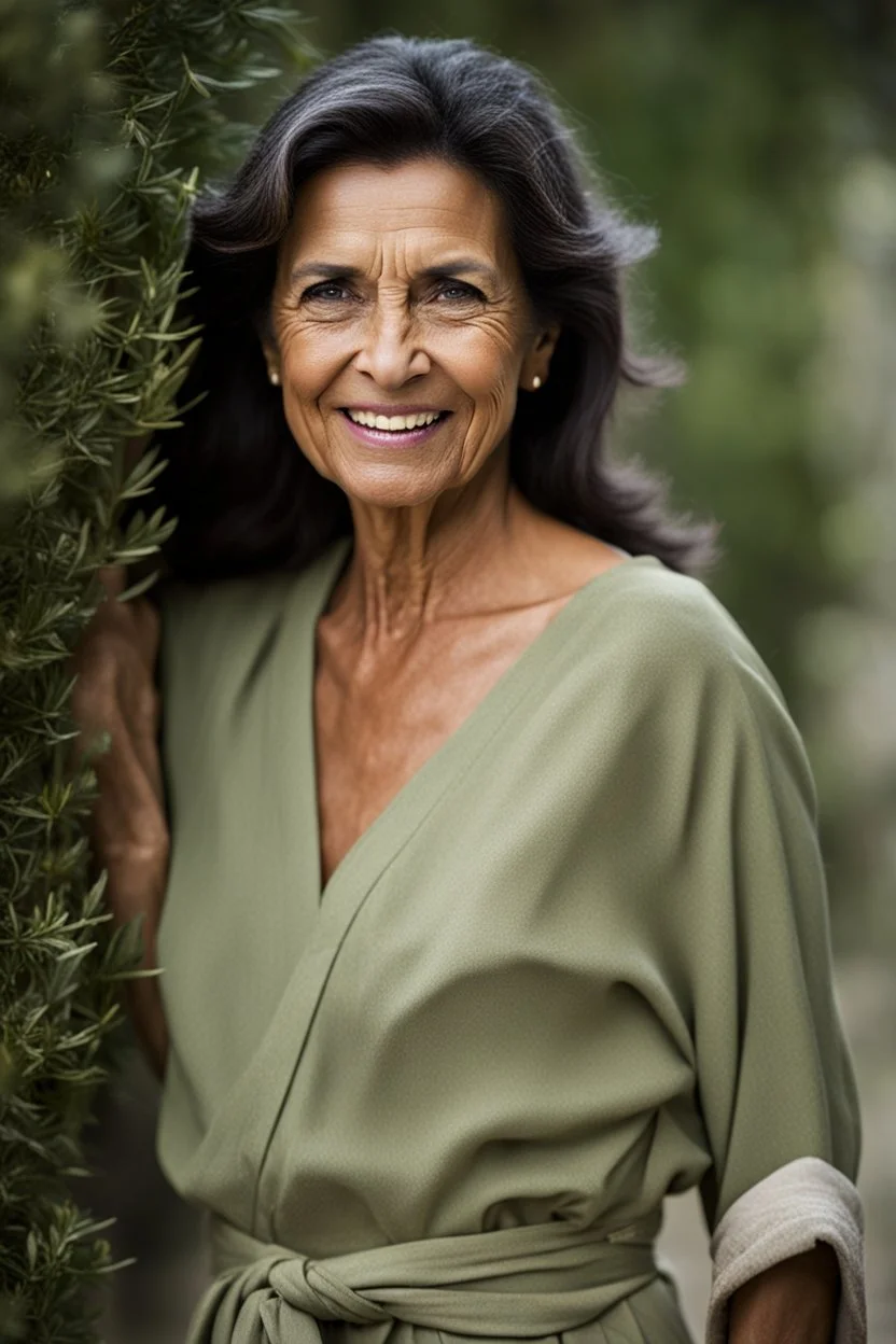 Portrait of a 60 year old Olive skinned woman, dark hair with hints of grey tied back, happy expression