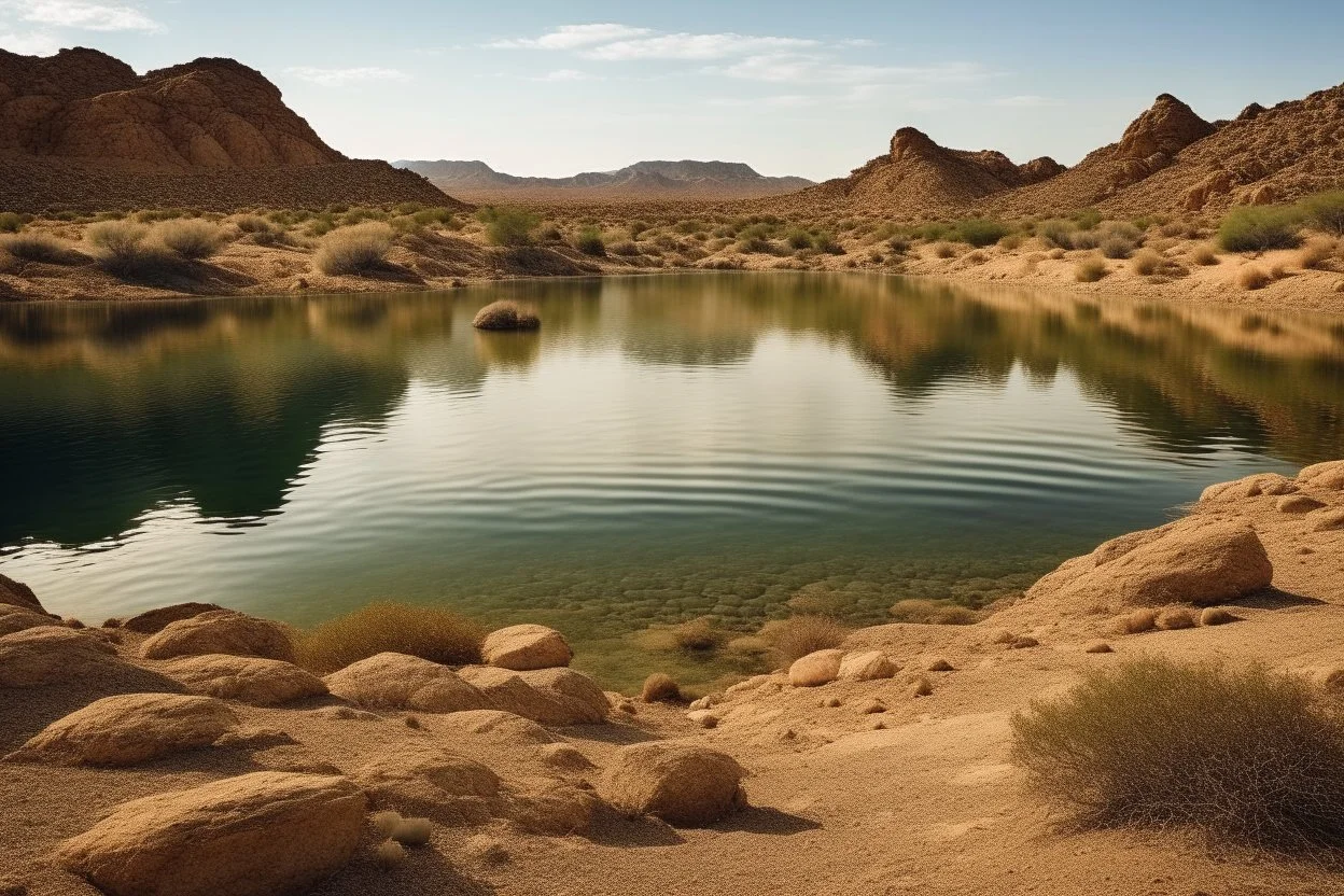 lagoon, rocks, distant mountains, arid land, desert, pond, rocks, epic