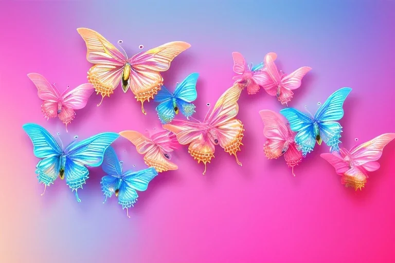  gold background, rise of soft transparent blue and pink butterflies