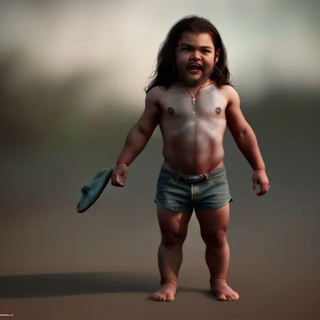 Jason Momoa toddler, full body, dramatic lighting, hyper realistic