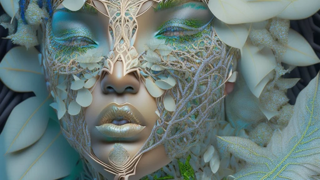 complex 3d render ultra detailed of a beautiful porcelain profile kim kardashians face , biomechanical cyborg, analog, 150 mm lens, beautiful natural soft rim light, big leaves and stems, roots, fine foliage lace, colorful details, massai warrior, Alexander Mcqueen high fashion haute couture, pearl earring, art nouveau fashion embroidered, steampunk, intricate details, mesh wire, mandelbrot fractal, anatomical, facial muscles, cable wires, microchip, elegant, hyper realistic, ultra detailed, oct