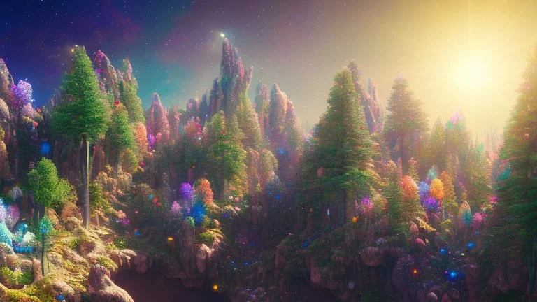 colorful crystal cosmic and galactic ambiance mountain hill sky rocks sunny trees pools surreal, full of details, smooth, bright sunshine，soft light atmosphere, light effect，vaporwave colorful, concept art, smooth, extremely sharp detail, finely tuned detail, ultra high definition, 8 k, unreal engine 5, ultra sharp focus