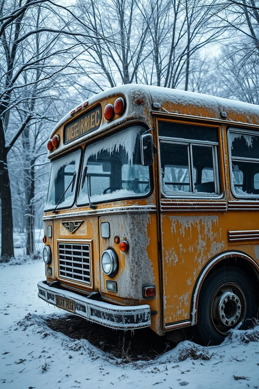 A super high-resolution 2 terapixel photograph of an abandoned bus in January. The scene captures the intricate frost formations on the bus and the surrounding trees, with a gentle snowfall adding to the winter wonderland effect. The dim winter light creates a mystical ambiance around the bus formations. Captured with a Nikon Z7 II and a 24-70mm f/2.8 lens, focusing on the serene, frozen beauty of the park.