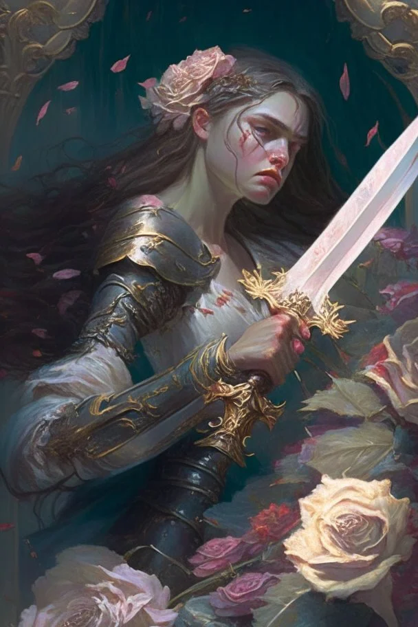 Without a moment's hesitation, Agatha, wielding her sword adorned with carved flowers, seized the opportunity. With a swift and precise movement, she struck beneath the tyrant's shoulder, piercing through his defenses and driving him to his knees.