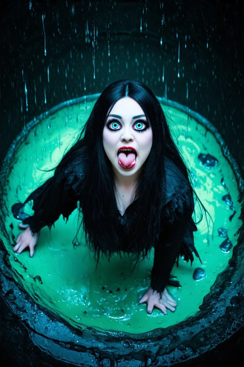 Closeup huge Girl goth with big eyes, fullbody, ragged clothes, slime rain, the perspective looking up from the bottom of an empty well, rolling eyes, tongue out, saliva drip, open mouth,