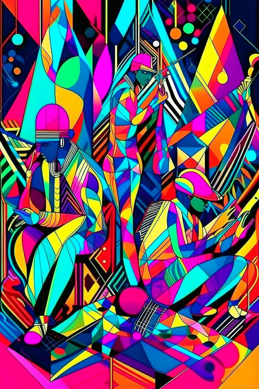 psychedelic jazz musicians with geometrical patterns and neon colors