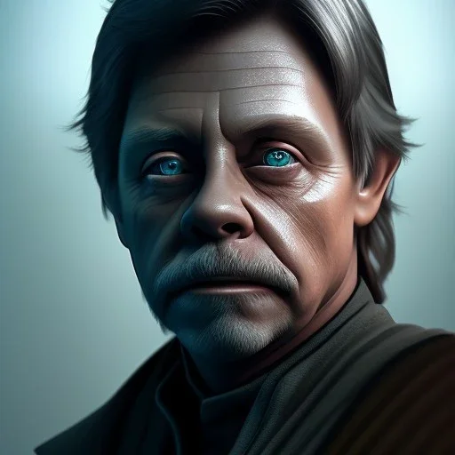 upper body photorealistic jedi mark hamill in Star Wars, sharp blue eyes, photorealistic weathered skin, render, cinematic lighting